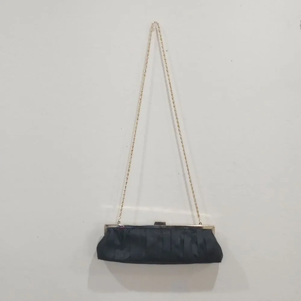 Cache Black Satin Evening Bag with Gold Chain Strap Formal Party Evening Clutch